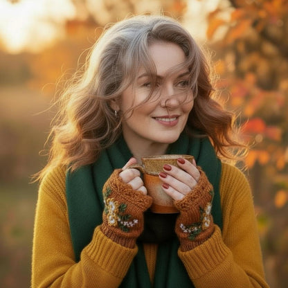 Mitaines brun cuivré, portées par une femme dans un décor automnal, décor floral jaune et blanc crocheté main.