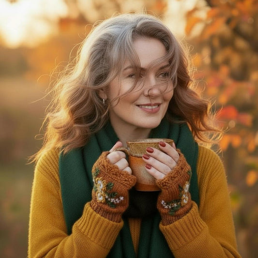 Mitaines brun cuivré, portées par une femme dans un décor automnal, décor floral jaune et blanc crocheté main.