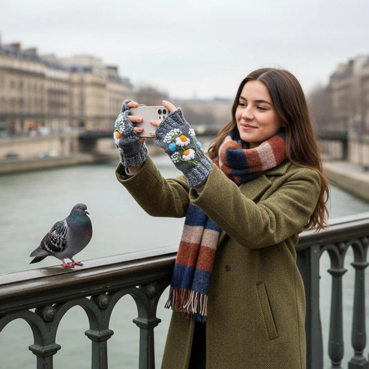 Paire de mitaines artisanales portées, maille grise et fleurs de camomille brodées à la main.