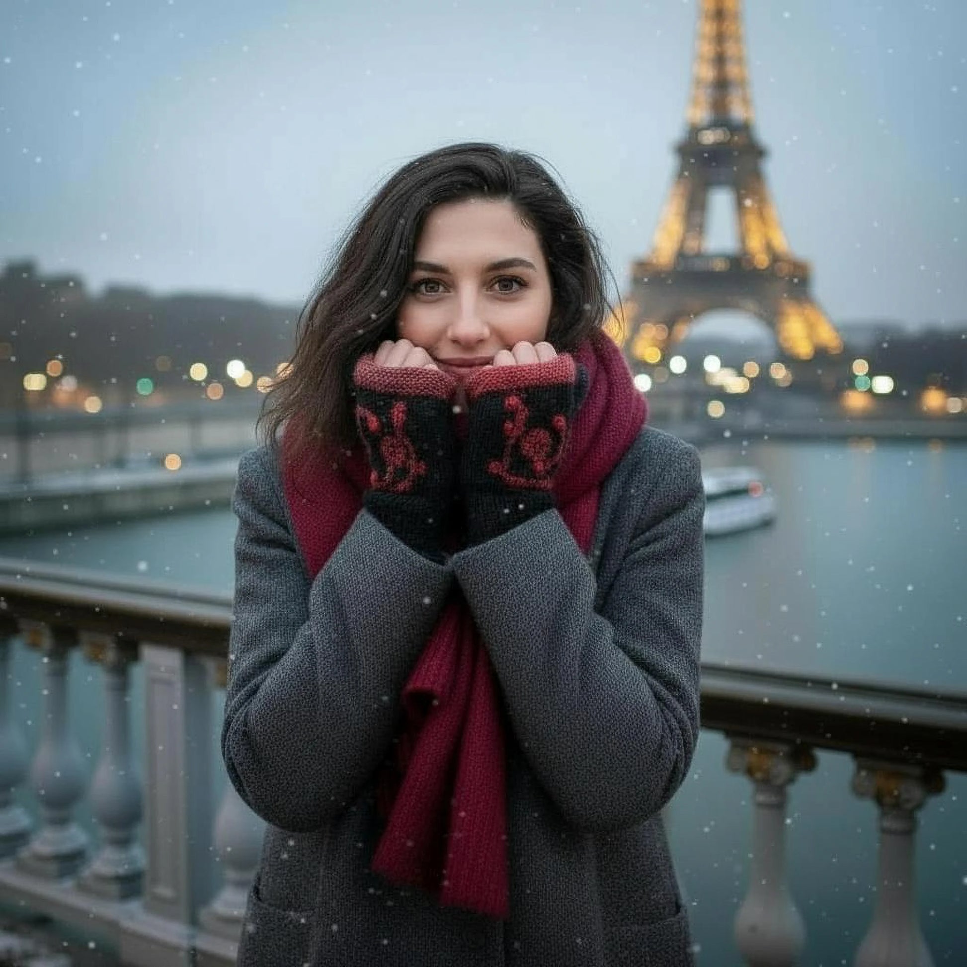 Mitaines tricotées à la main noires avec une fleur crochetée couleur rouille. Vue extérieure