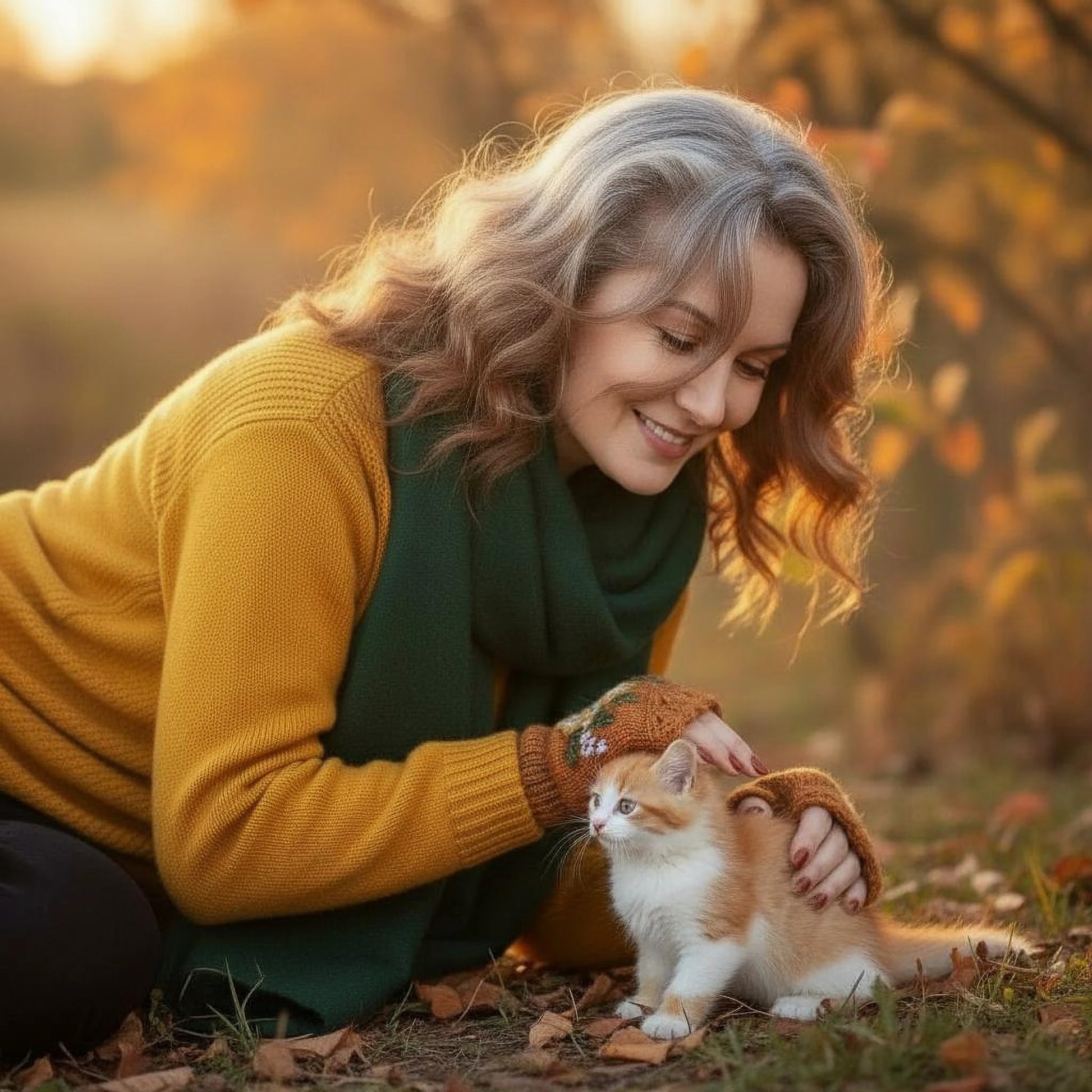 Mitaines artisanales “Meli mielo” portées en extérieur, tricot main et décor floral lumineux.