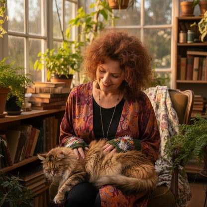 Mitaines faites main vert olive, décor floral en crochet appliqué et tiges brodées.