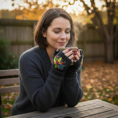 Mitaines artisanales portées, fleurs colorées sur maille noire.