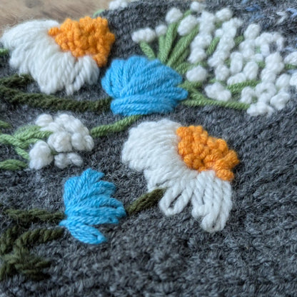 Vue très rapprochée sur les fleurs en relief, les petits points blancs et fleurs bleues brodées sur ces mitaines grises.