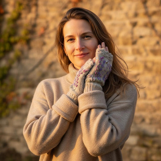 Mitaines artisanales portées en extérieur, broderies de lavande mauve et petites abeilles.