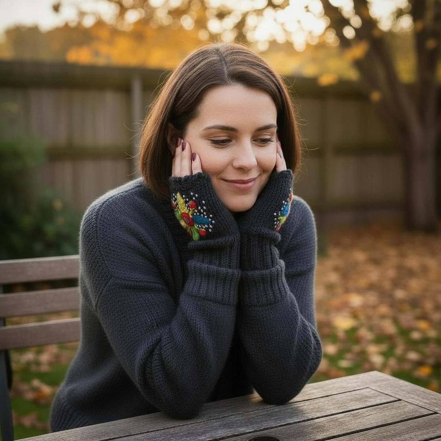 Mitaines faites main, maille noire, fleurs crochetées colorées.