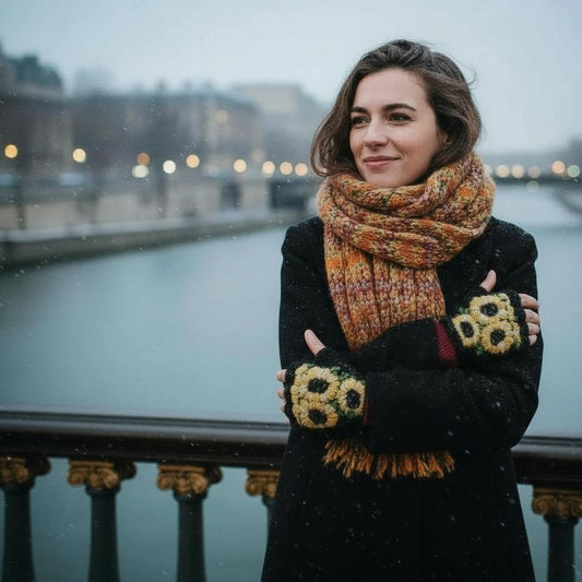 Mitaines noires tricotées à la main, tournesols jaune vif crochetés et appliqués ensuite, vue en extérieur