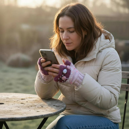 Mitaines tricotées main bicolores, fleurs pastel sur maille rose.