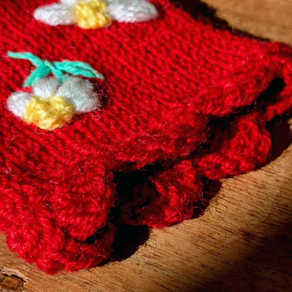Détail sous le soleil du bord festonné d'une paire de mitaines rouges avec quelques fleurettes sur le dessus.