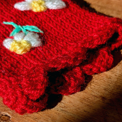 Détail sous le soleil du bord festonné d'une paire de mitaines rouges avec quelques fleurettes sur le dessus.