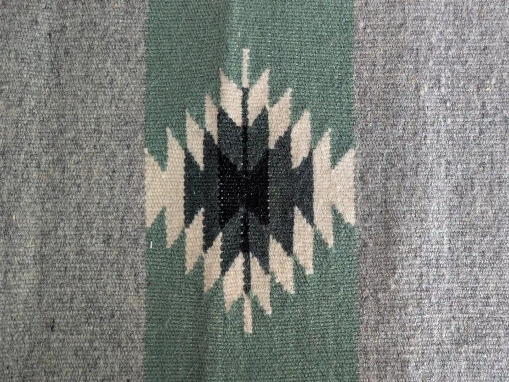 Motif kilim géométrique noir et écru sur bandes vert olive et grises