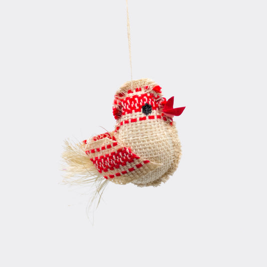 Petit oiseau rouge en tissu tissé, corps écru et frise rouge. Une décoration à suspendre simple et vive, réalisée à la main.