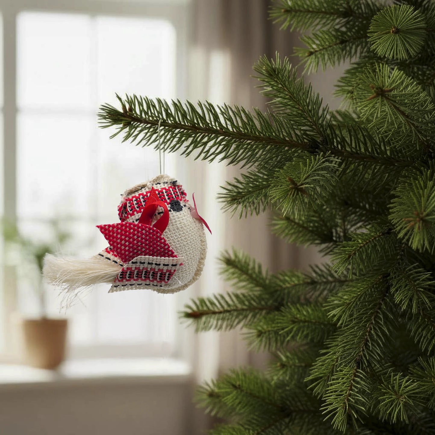 Décoration à suspendre en forme d'oiseau rouge en textile et rembourré. Vue dans un sapin.
