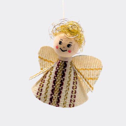 Angelot bordeaux et doré en textile tissé. Il rappelle les décorations hivernales tchèques. Une suspension parfaite pour Noël.