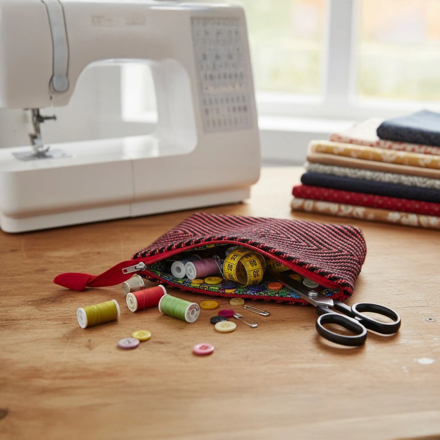Trousse de toilette artisanale réutilisée pour la mercerie, tissage rouge et noir à relief, finition cousue main.
