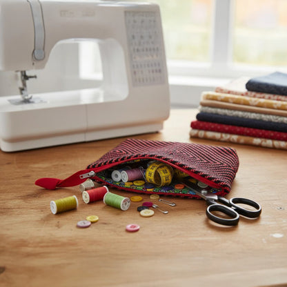 Trousse de toilette artisanale réutilisée pour la mercerie, tissage rouge et noir à relief, finition cousue main.