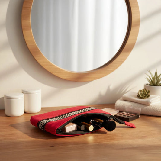 Trousse de toilette rouge cousue main, ouverte sur une table, contenant des produits de maquillage, bande tissée noire et blanche.