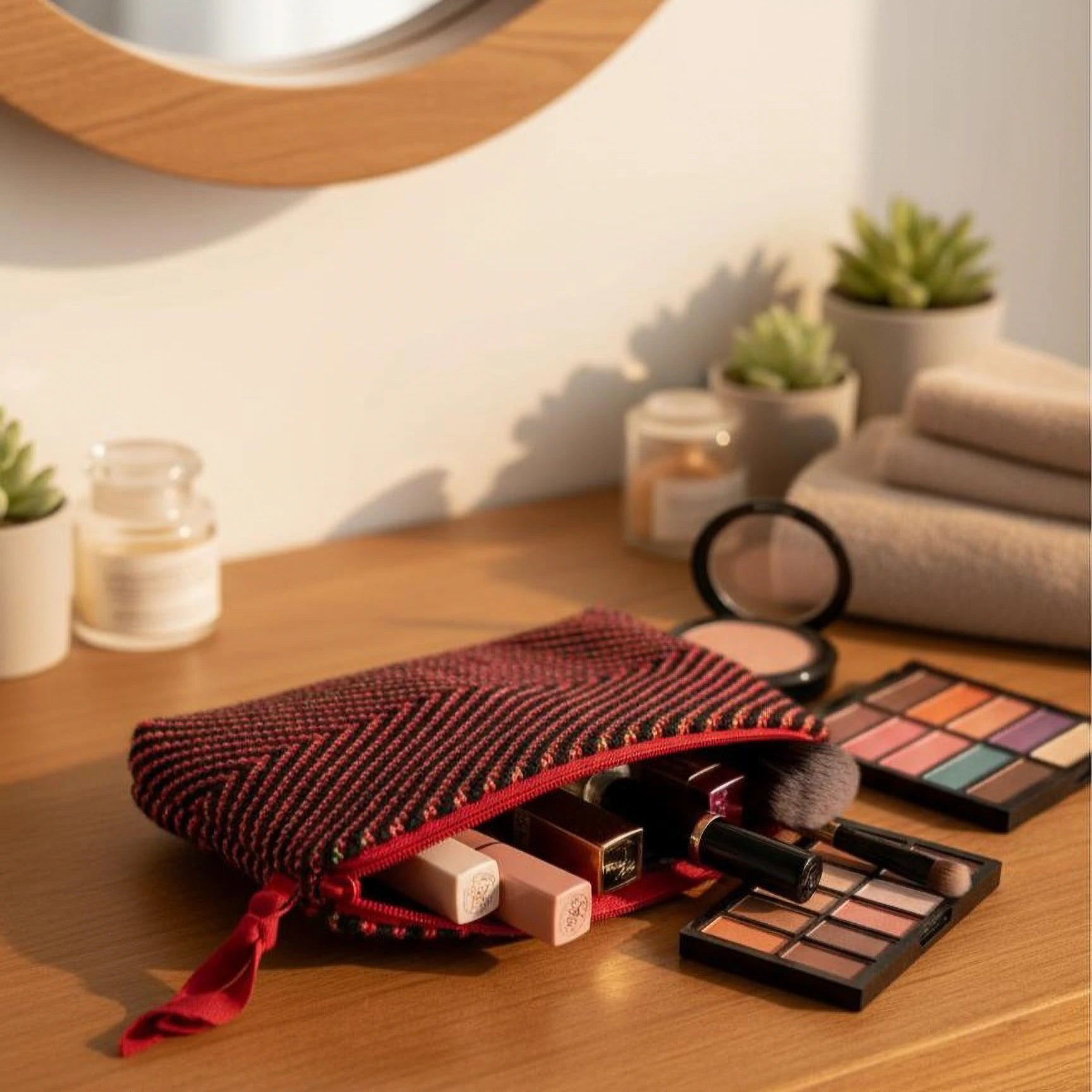 Trousse tissée au métier, structure à chevrons noirs et rouges, utilisée comme trousse de maquillage