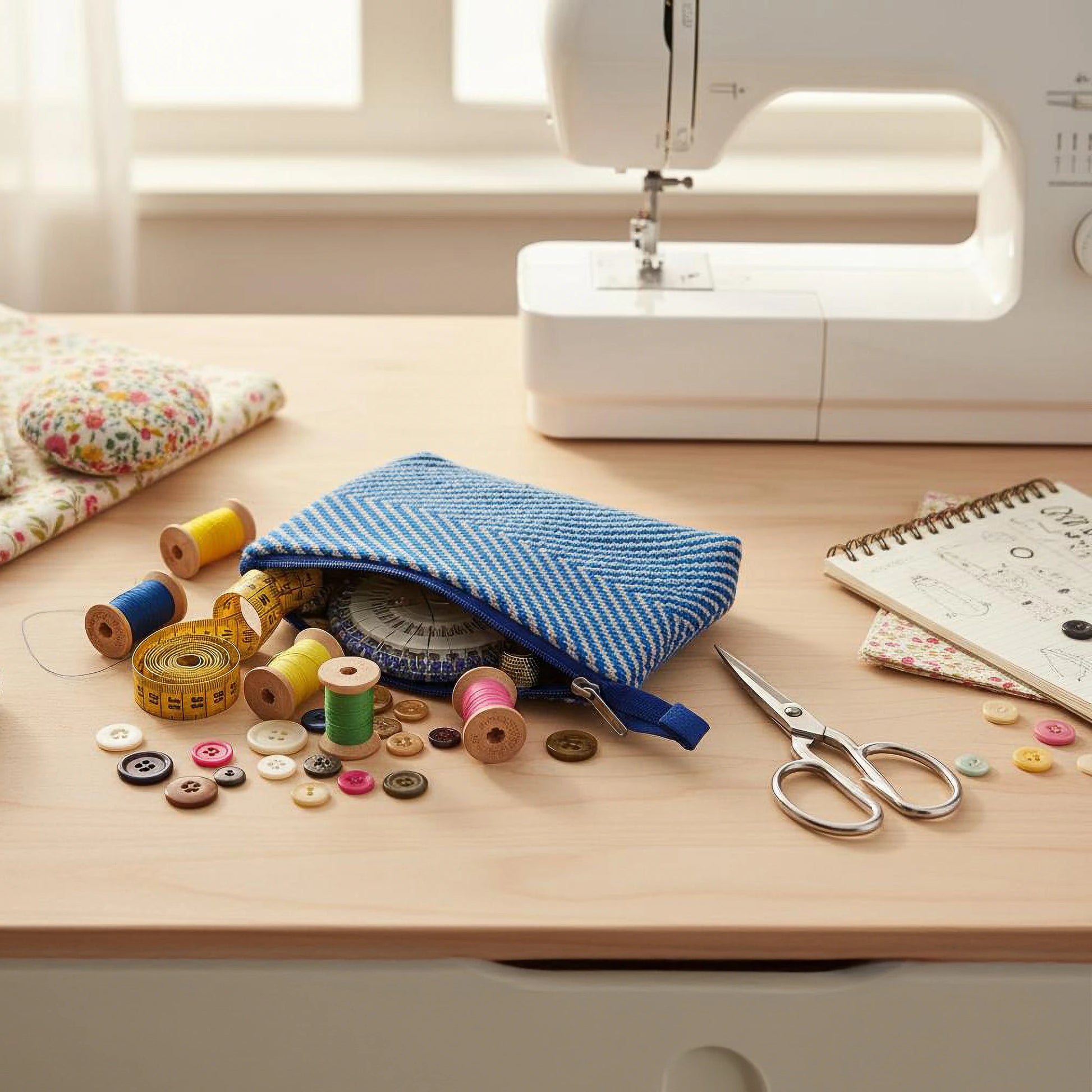 Trousse artisanale balkanique bleue et blanche, tissage manuel à chevrons, servant de trousse de couture.