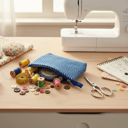 Trousse artisanale balkanique bleue et blanche, tissage manuel à chevrons, servant de trousse de couture.