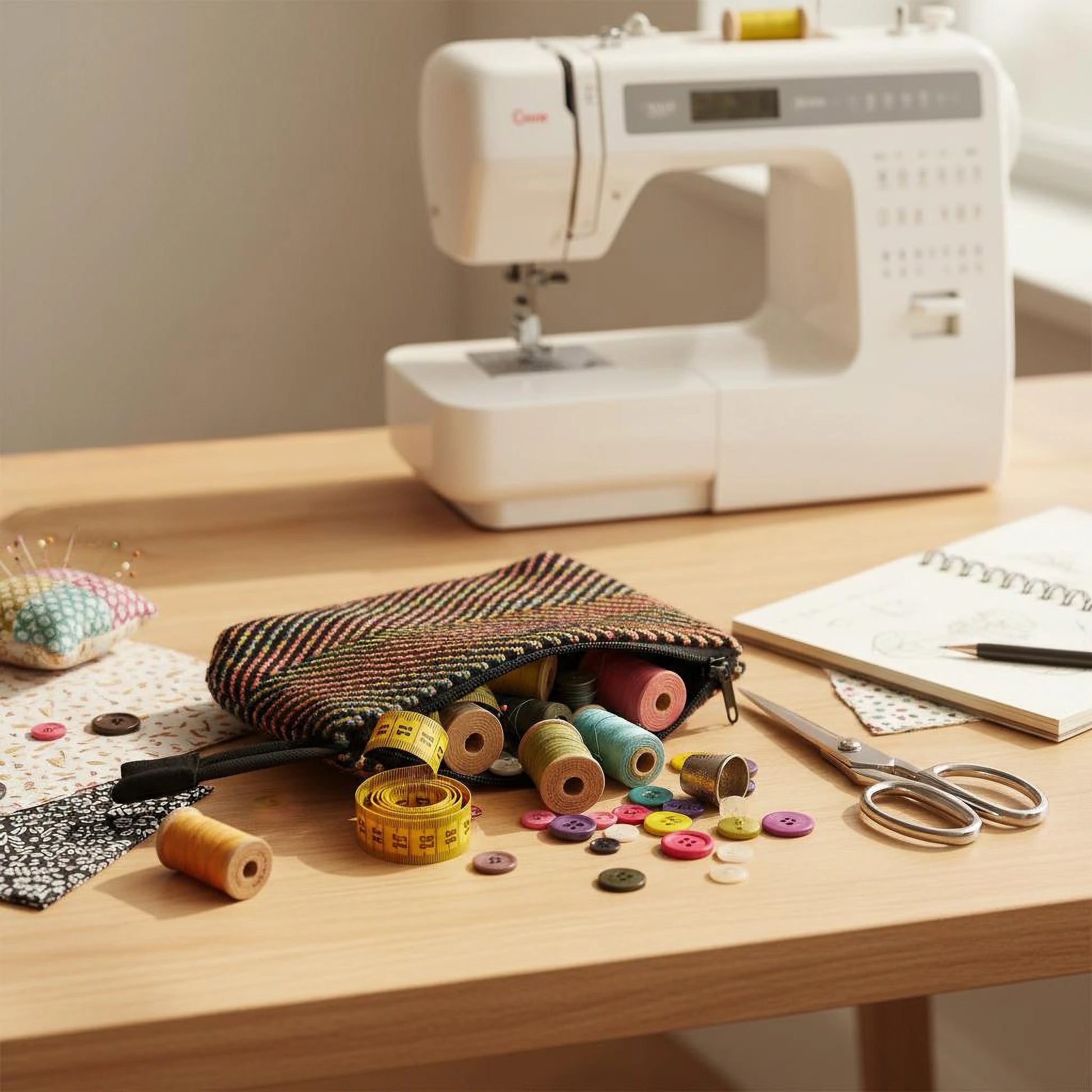 Trousse textile artisanale tissée main multicolore, utilisée comme trousse de mercerie, contenant fils et accessoires de couture.