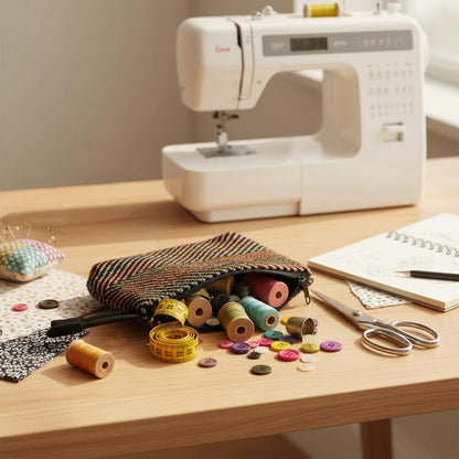 Trousse textile artisanale tissée main multicolore, utilisée comme trousse de mercerie, contenant fils et accessoires de couture.