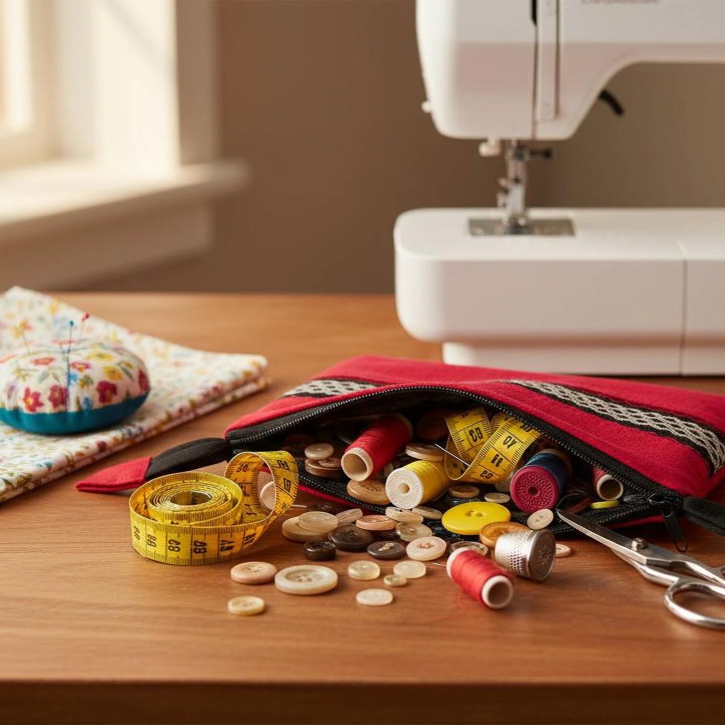 Trousse textile rouge artisanale, utilisée comme trousse de mercerie, contenant fils et accessoires de couture.