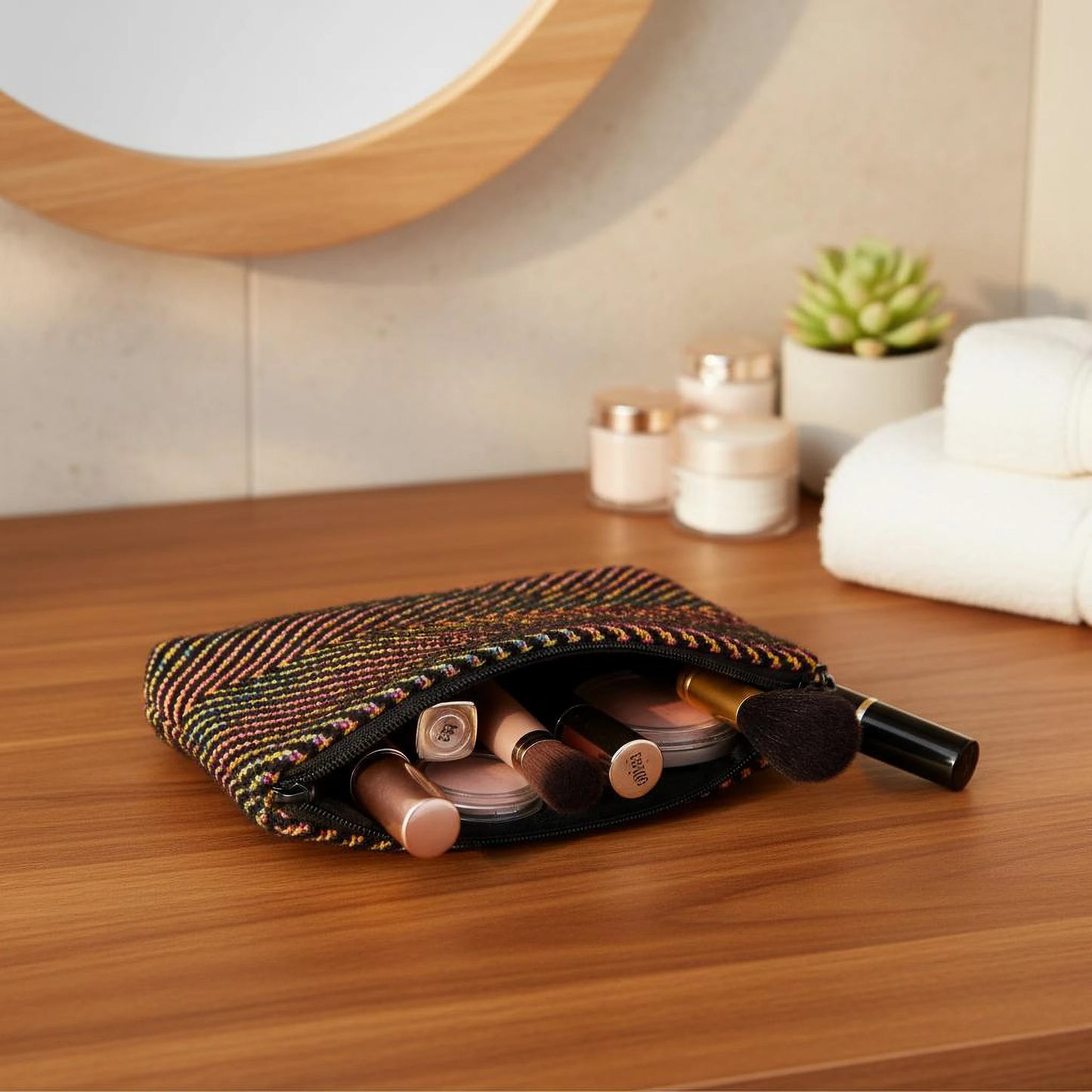 Trousse textile artisanale en coton tissé, fond noir et fils colorés, utilisée comme trousse de maquillage.