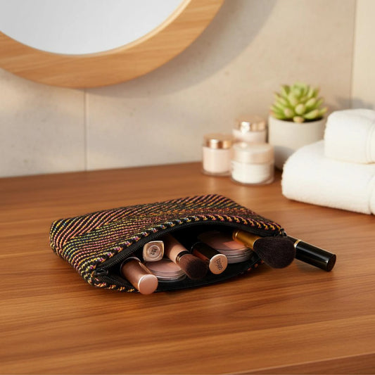 Trousse textile artisanale en coton tissé, fond noir et fils colorés, utilisée comme trousse de maquillage.