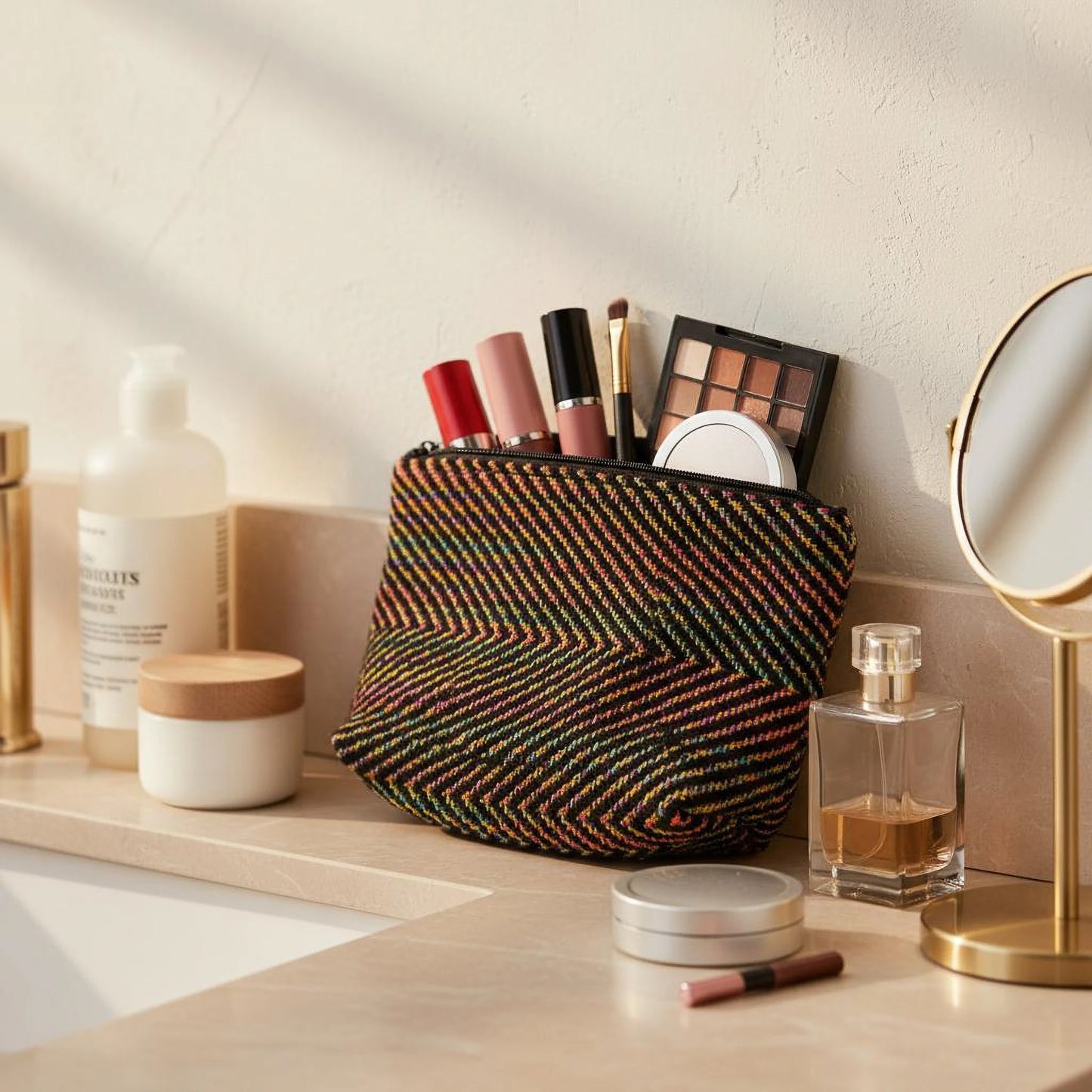 Trousse artisanale noire et multicolore, coton tissé main, sur un plan de salle de bain avec accessoires de beauté.