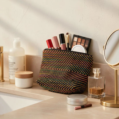 Trousse artisanale noire et multicolore, coton tissé main, sur un plan de salle de bain avec accessoires de beauté.