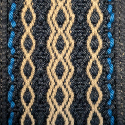 Détail de la bande tissée manuellement, fils bleus, beiges et blancs en motifs géométriques.