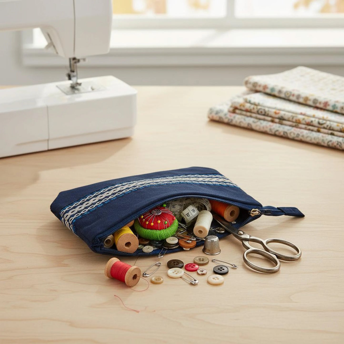 Trousse bleue utilisée pour la mercerie, fil, aiguille et accessoires visibles