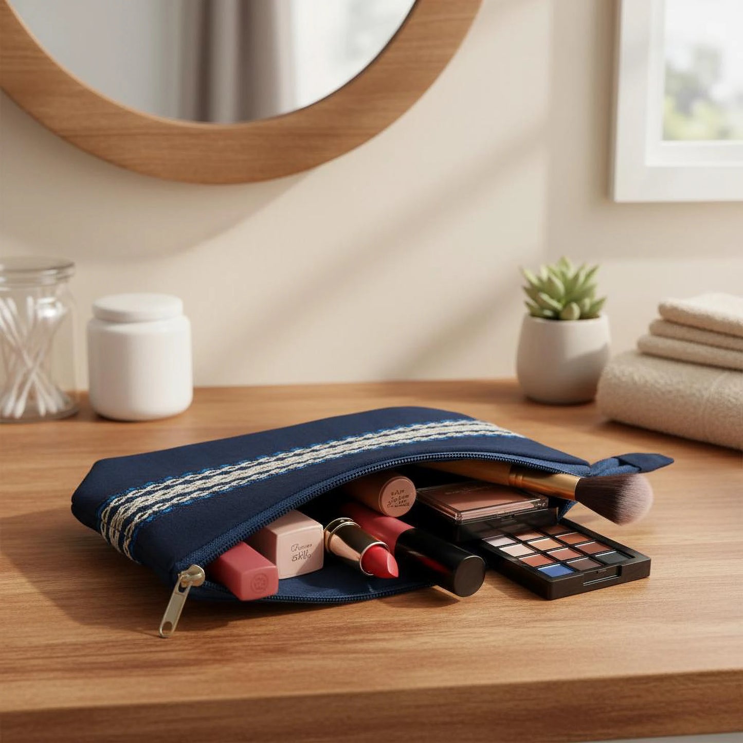 Mise en scène sur un plan de toilette, trousse artisanale bleue remplie d’articles de maquillage