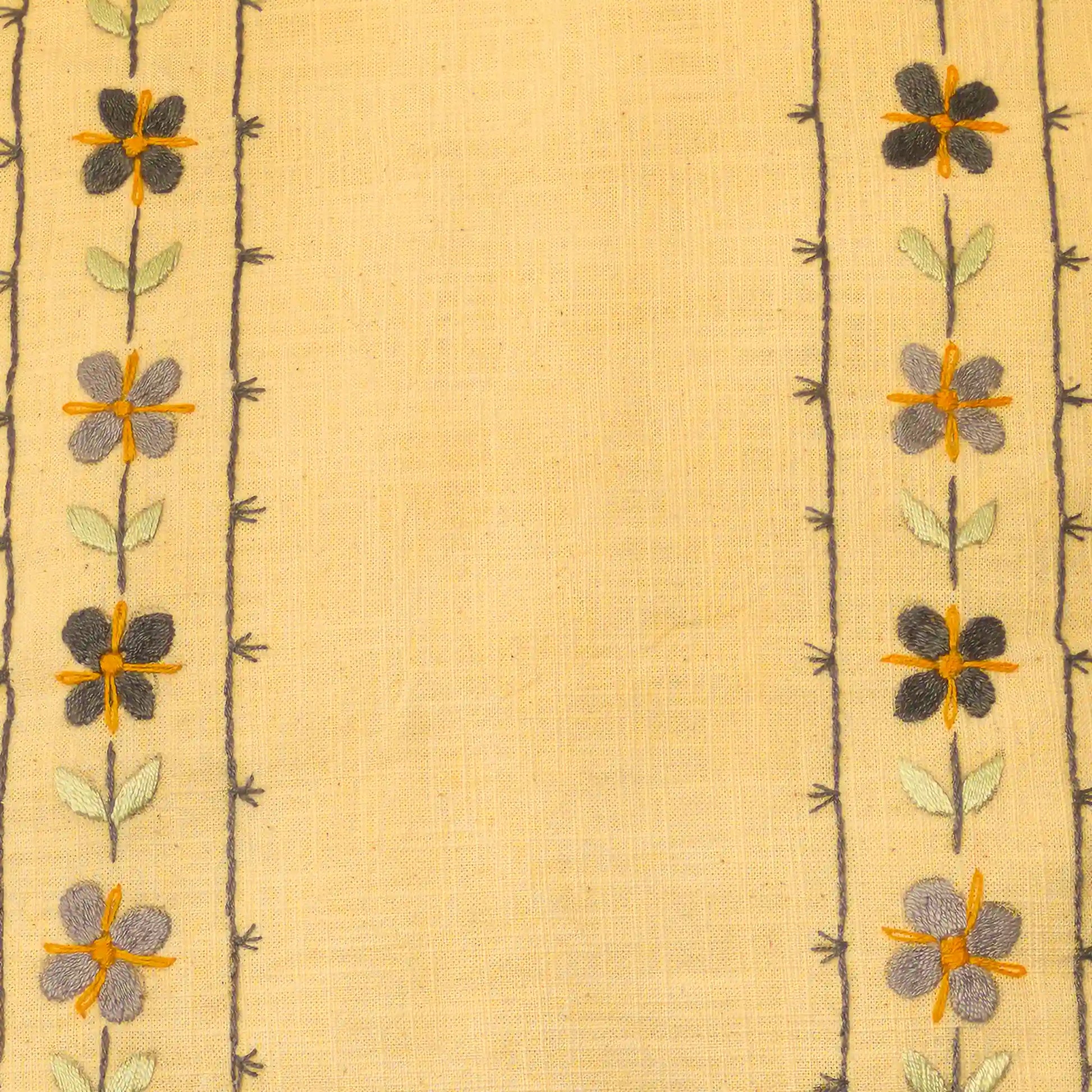 Gros plan sur une broderie en lin aux fleurettes répétées. Les motifs sont alignés verticalement. Un travail artisanal brodé main.